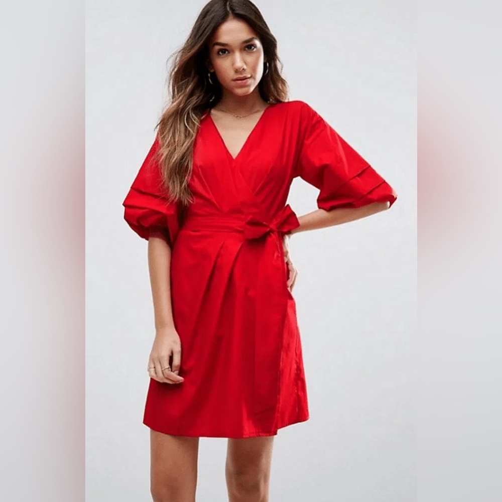 ASOS Red Wrap Midi Dress w/ Hitched Sleeves & Detachable Scarf Belt Women Size 4